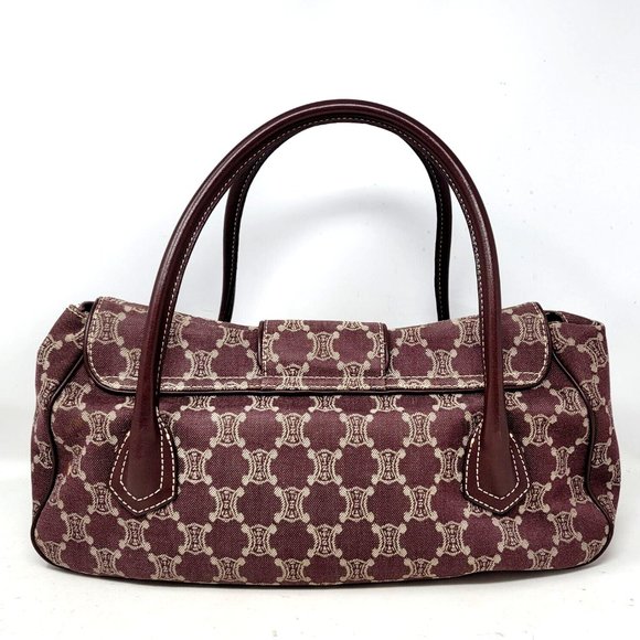 VTG Celine Triomphe Burgundy Canvas Leather Large Shoulder Tote Hand Bag Auth - Picture 5 of 12